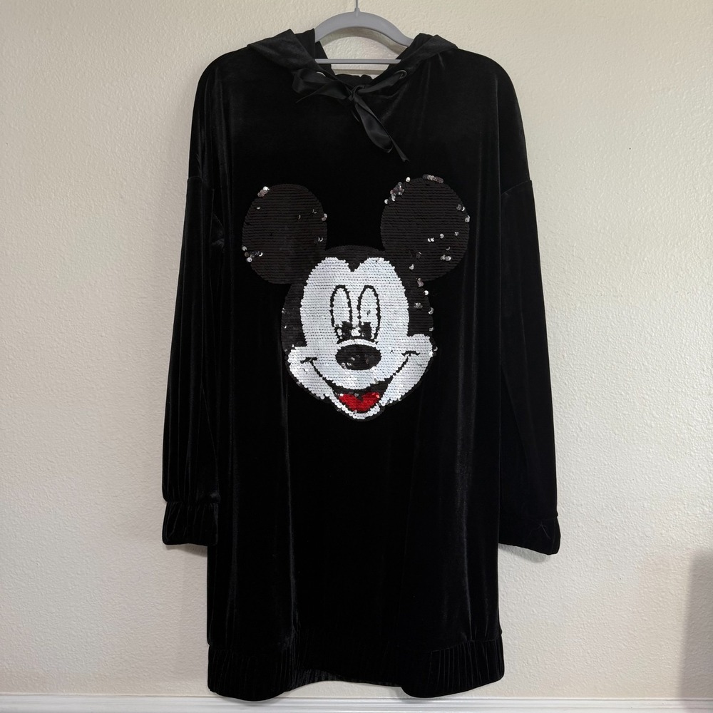 H&M Divided Tunic Dress Womens 6 Black Micky Mouse Sequin Velvet Hooded Pullover